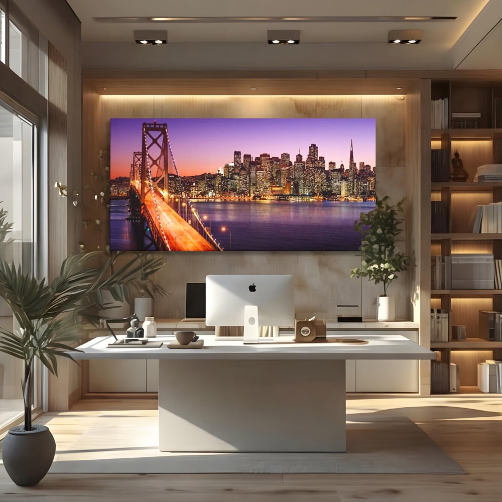 Tablou canvas cu tablou canvas cu podul si orasul san francisco noaptea, fara rama, pe sasiu de lemn, pe perete intr-un birou